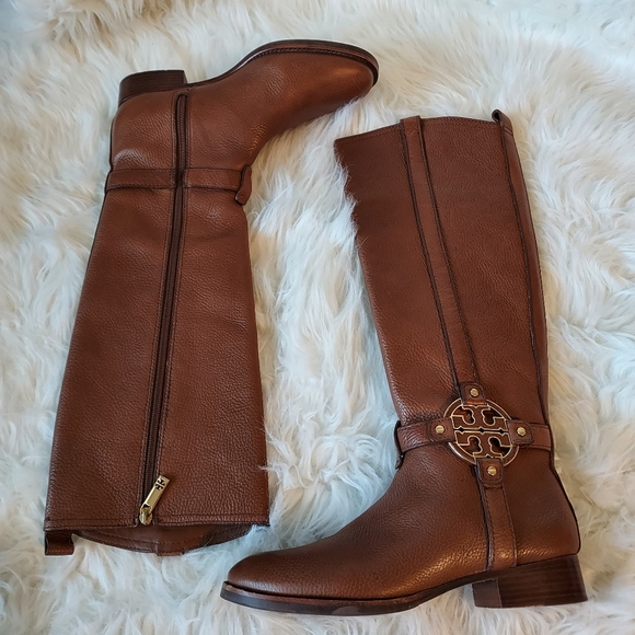 Tory Burch Amanda Brown Heeled Pebble Leather Riding Boots Sz-8.5 - Picture 4 of 15